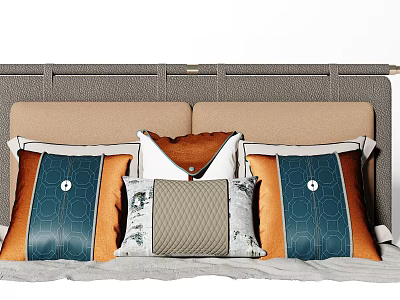 Stylish Decorative Throw Pillows With Blue Orange Beige Geometric Patterns On Bed 3d model