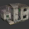 Weathered Old House Model With Tiled Roof Small Balcony Railings And Square Windows