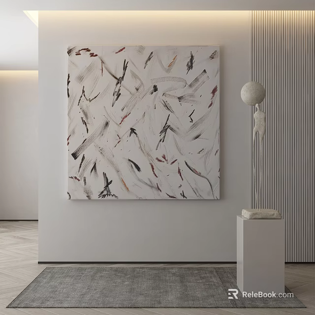 Abstract Painting White Background Black Grey Red Lines Modern Minimalist Interior Wall Art Decor 3d model 