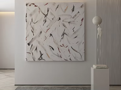 Abstract Painting White Background Black Grey Red Lines Modern Minimalist Interior Wall Art Decor 3d model