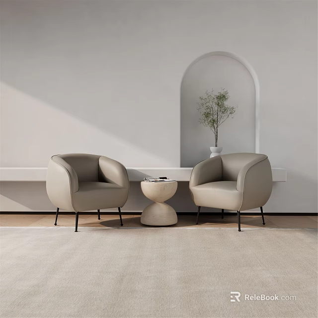 Beige Casual Sofa Set Armchairs with Black Thin Legs Round Coffee Table Arched Niche Plant 3d model 