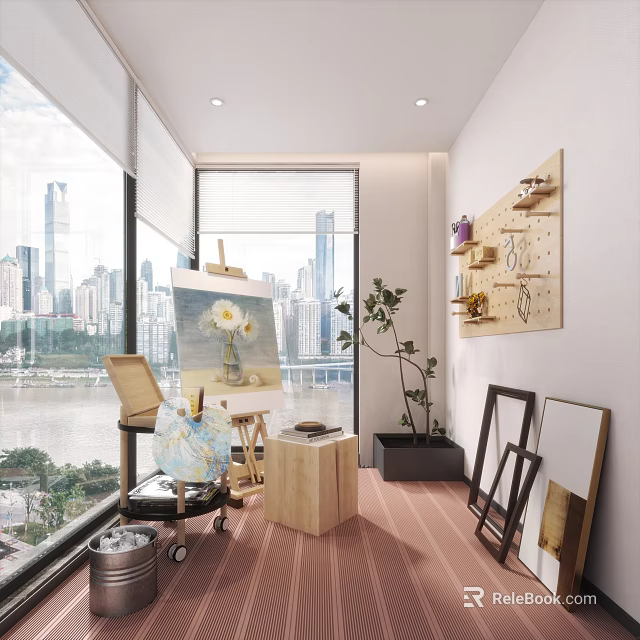 Book Art Creative Studio With Easel Sunflower Painting And City View Through Large Window 3d model 