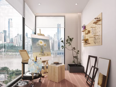 Book Art Creative Studio With Easel Sunflower Painting And City View Through Large Window 3d model