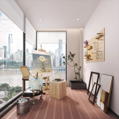 Book Art Creative Studio With Easel Sunflower Painting And City View Through Large Window 3d model