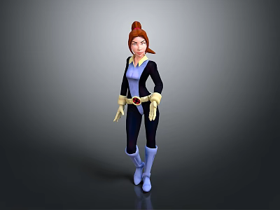3D Female Character With Red Hair Blue Black Outfit White Gloves And Boots 3d model