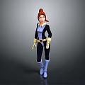 3D Female Character With Red Hair Blue Black Outfit White Gloves And Boots