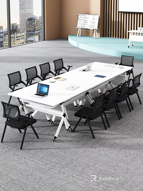 White Conference Table With Wheels Black Chairs Laptop And Documents In Office Meeting Room 3d model 