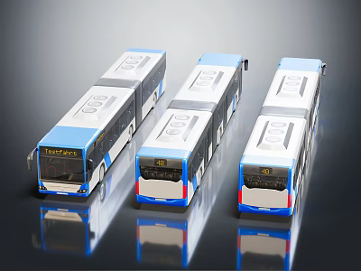 Three Modern Blue and White Public Buses With Front Display and Body Details 3d model