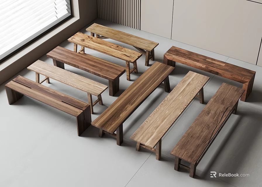 Various Long Wooden Benches Arranged Indoors With Window And Light Colored Walls 3d model 