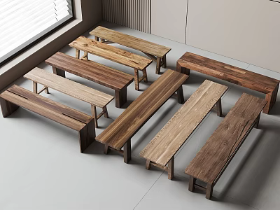 Various Long Wooden Benches Arranged Indoors With Window And Light Colored Walls 3d model