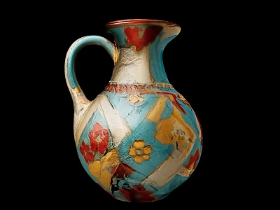 Hand Painted Ceramic Jug With Artistic Colorful Floral Patterns In Blue Red And Yellow 3d model