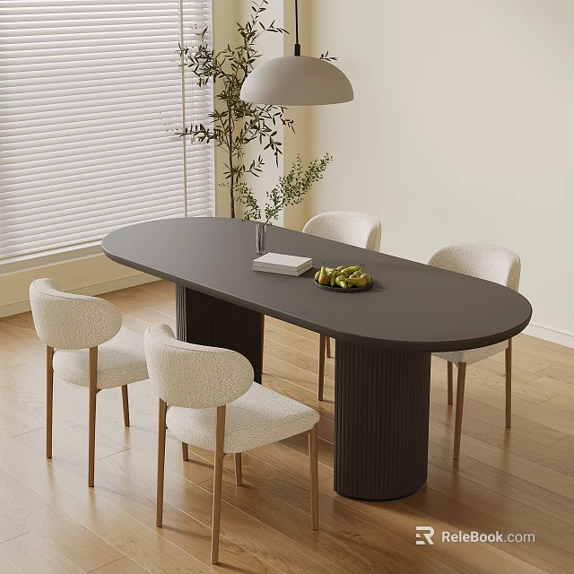 Dark Oval Dining Table Set With Four Light Chairs Wooden Legs Vase And Fruit Platter 3d model 