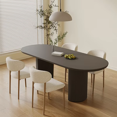 Dark Oval Dining Table Set With Four Light Chairs Wooden Legs Vase And Fruit Platter 3d model