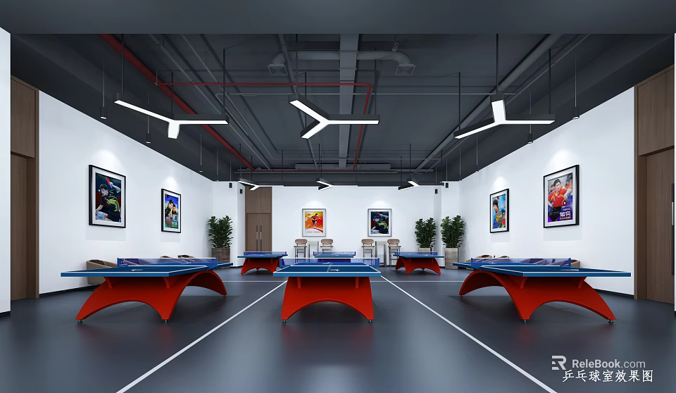 Indoor Table Tennis Court With Blue Top Red Leg Tables Wall Paintings And Green Plants 3d model 