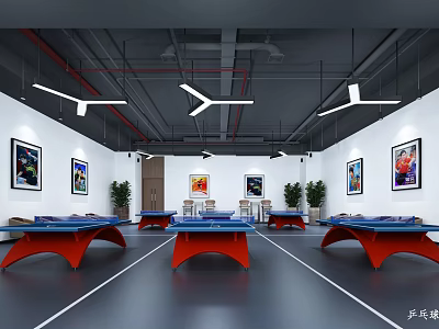 Indoor Table Tennis Court With Blue Top Red Leg Tables Wall Paintings And Green Plants 3d model