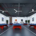 Indoor Table Tennis Court With Blue Top Red Leg Tables Wall Paintings And Green Plants