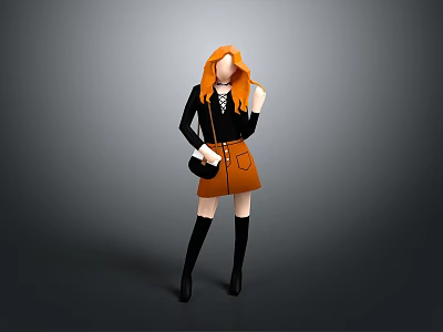 Orange Haired Fashion Outfit With Black Top Orange Skirt Boots And Bag 3d model