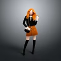 Orange Haired Fashion Outfit With Black Top Orange Skirt Boots And Bag