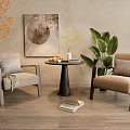 Modern Negotiation Table With Two Chairs Decorative Painting Green Plants Wooden Floor And Beige Wall