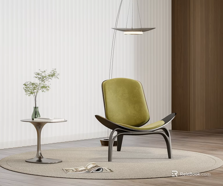 Green Velvet Accent Chair With Side Table Plant Pendant Light And White Curtains Round Rug 3d model 