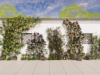 Lush Garden Wall With Climbing Vines Colorful Flowers Decorative Windows Green Trees And Stone Pavement 3d model