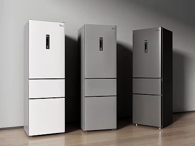 Three Modern Standing Refrigerators White Gray Dark Gray Three Door Design in Interior Setting 3d model