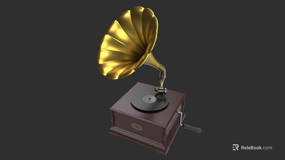 Vintage Golden Gramophone With Dark Wooden Base And Black Record Turntable 3d model 