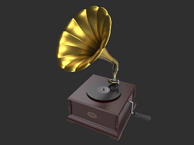 Vintage Golden Gramophone With Dark Wooden Base And Black Record Turntable 3d model