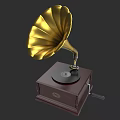 Vintage Golden Gramophone With Dark Wooden Base And Black Record Turntable