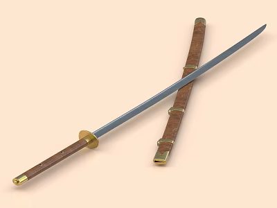 Traditional Japanese Sword With Sharp Blade Wooden Scabbard And Metal Hilt Golden Accents 3d model
