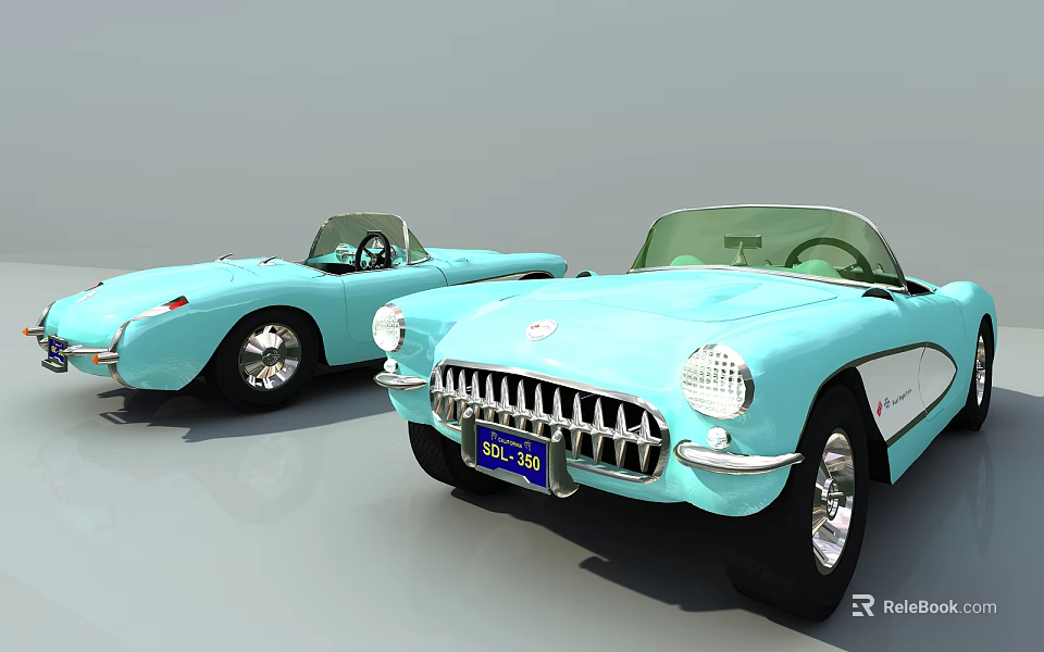 Two Light Blue Vintage Convertible Cars With Chrome Grille And Classic Wheels 3d model 