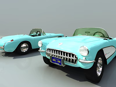 Two Light Blue Vintage Convertible Cars With Chrome Grille And Classic Wheels 3d model