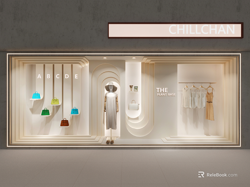 CHILLCHAN Shop Window With A to E Letters Colorful Handbags Mannequin Dress And Hanging Clothes 3d model 