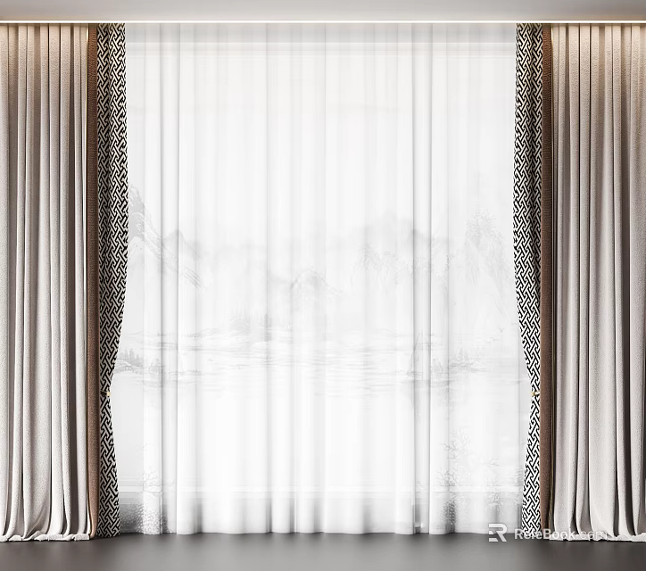 Elegant Modern Curtains With Thick Fabric Sheer Layer And Black Patterned Trim 3d model