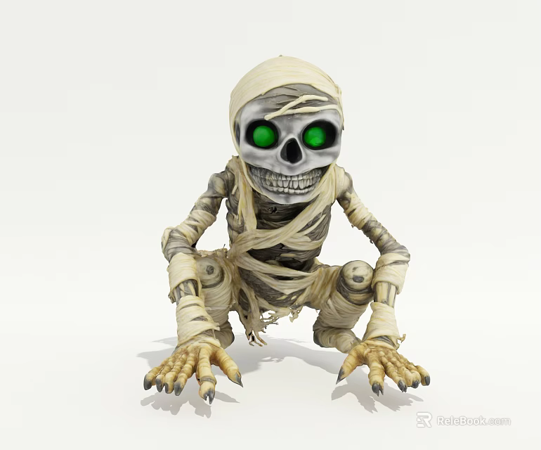 Decorative Mummy Figurine Set With Green Eyes Bandaged Design And Skeleton Face 3d model 