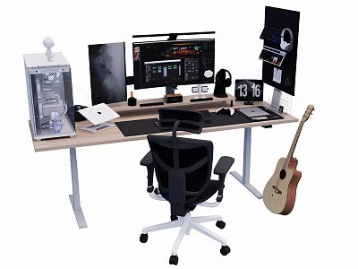 Modern Home Office Desk And Chair Set With Computer Monitor Headphone Stand And Guitar 3d model
