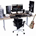 Modern Home Office Desk And Chair Set With Computer Monitor Headphone Stand And Guitar