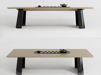 Modern Tea Table Set with Wooden Top and Black Legs Featuring Tea Pot and Cups 3d model