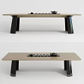 Modern Tea Table Set with Wooden Top and Black Legs Featuring Tea Pot and Cups