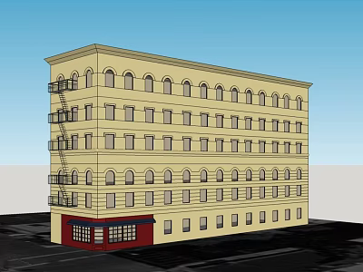 Yellow Multi Story Building Exterior With Arched Windows Red Storefront And Fire Escape 3d model