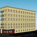 Yellow Multi Story Building Exterior With Arched Windows Red Storefront And Fire Escape