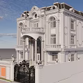 European Detached Villa With White Exterior Balcony Arched Windows Wrought Iron Gate And Surrounding Greenery