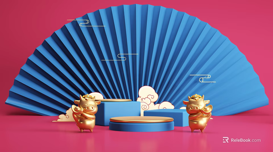 Blue Fan Decorative Scene With Red Background Golden Ox Statues Cloud Decorations And Blue Platforms 3d model 