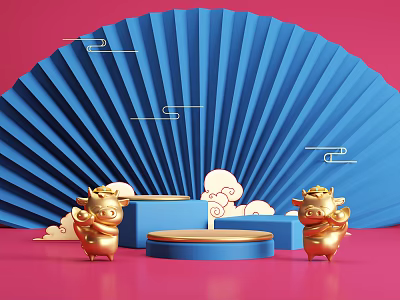 Blue Fan Decorative Scene With Red Background Golden Ox Statues Cloud Decorations And Blue Platforms 3d model