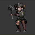 3D Model Young Girl In Metallic Armor Holding Large Hammer With Pigtails And Red Boots