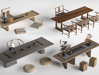 Chinese Tea Table and Chair Tea Room Table and Chair Tea Table Tea Set 3d model