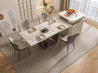 Modern Dining Table Set with Marble Top Four Chairs Tableware Vase and Fruit Bowl 3d model