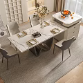 Modern Dining Table Set with Marble Top Four Chairs Tableware Vase and Fruit Bowl