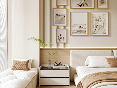 Photo Wall With Framed Pictures In Modern Bedroom With Bed Nightstand And Green Plant 3d model