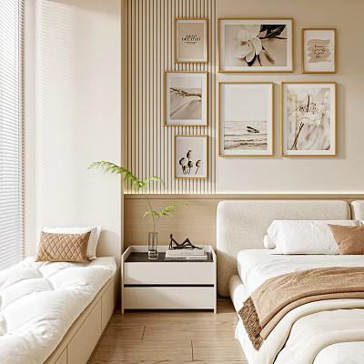 Photo Wall With Framed Pictures In Modern Bedroom With Bed Nightstand And Green Plant 3d model